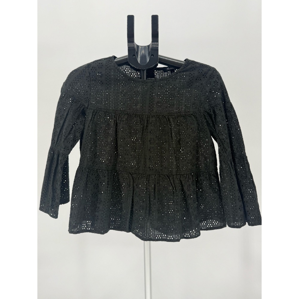 Madewell Black Eyelet Peasant Blouse Long Sleeve Tiered Cotton‎ Size S